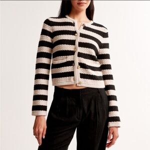 Abercrombie & Fitch Black and Cream Striped Button up Crew Cardigan